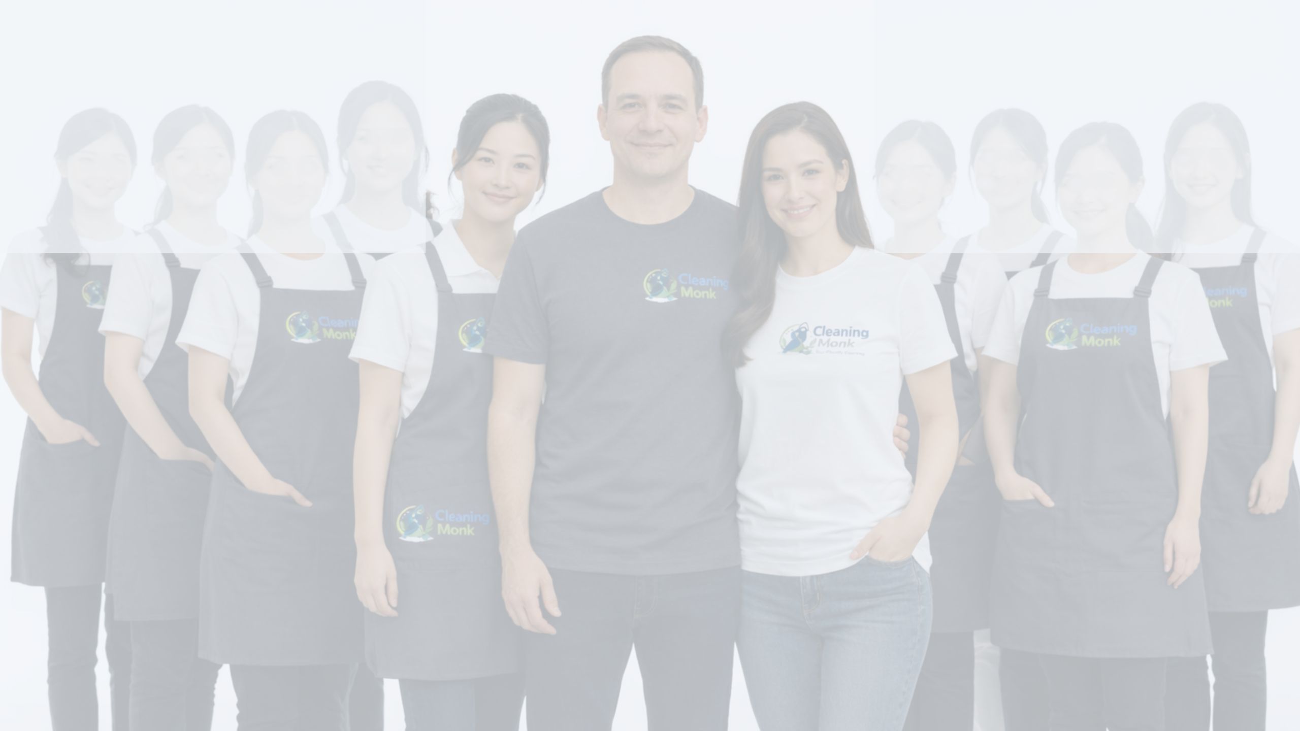 A dedicated team of cleaners working together in a bright, modern office space.